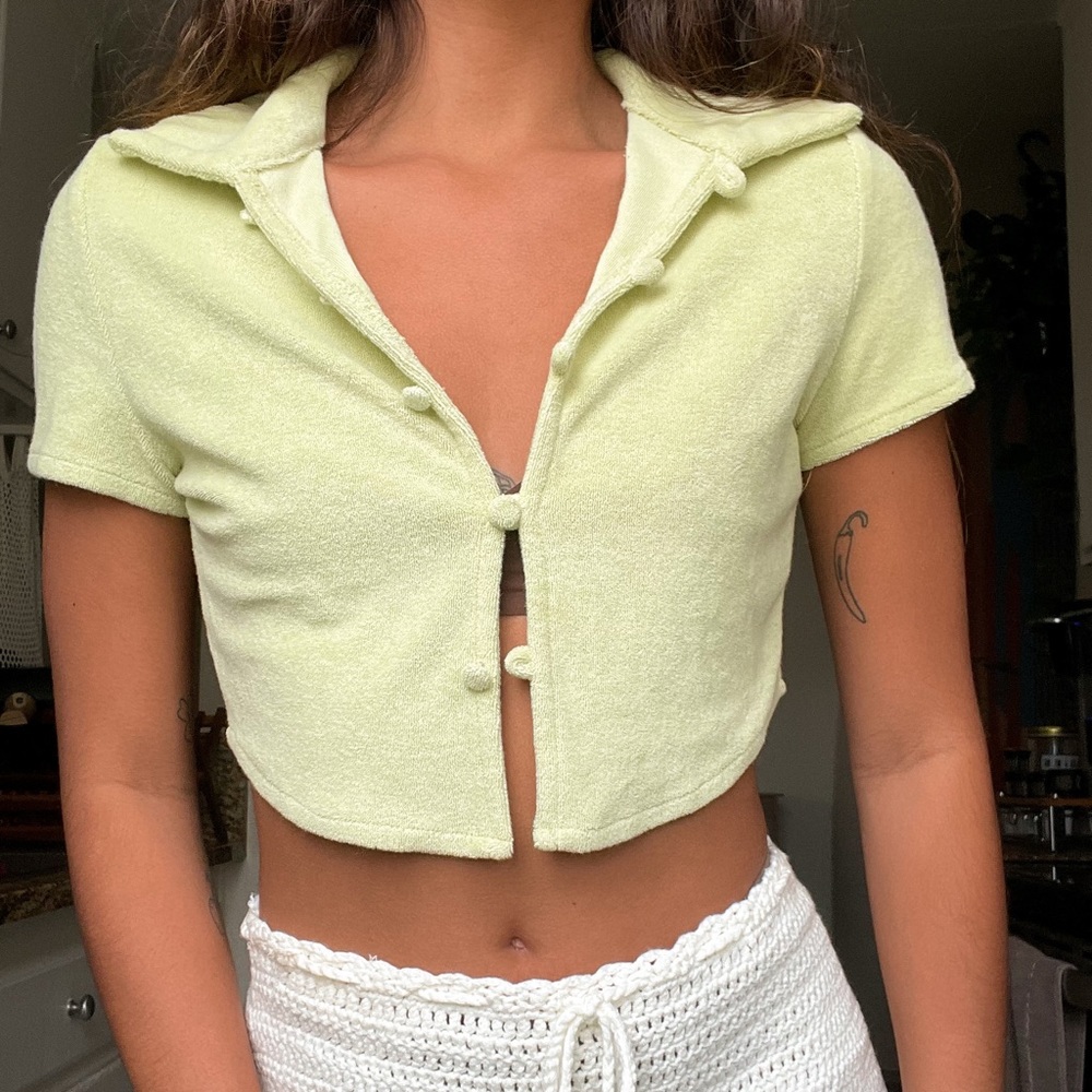 Boutique Terry Cloth Sage Green Button Up Top